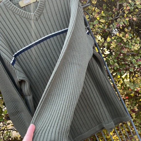 Haggar vintage cotton V-neck Sweater Large Olive Green/Navy stripe - Picture 5 of 7